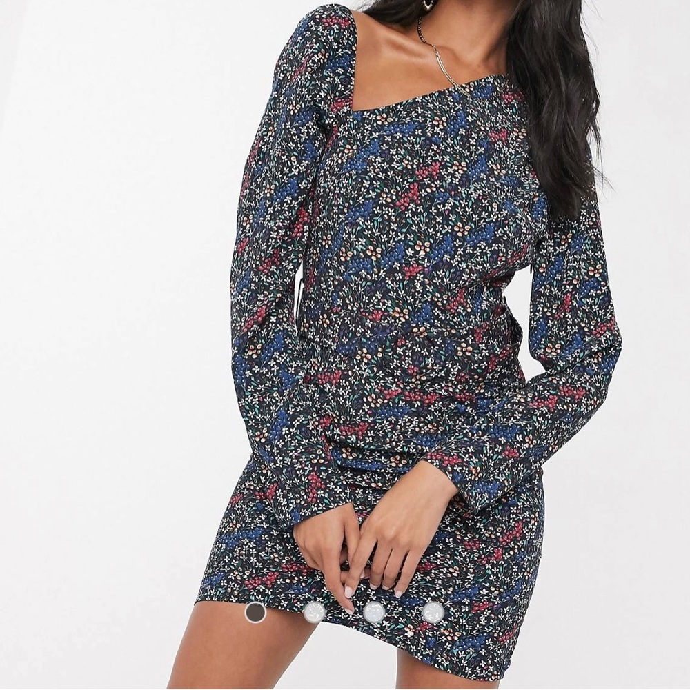 NWT Fashion Union Asymmetric Shoulder Mini Dress Ruching Contrast Ditsy Floral 4